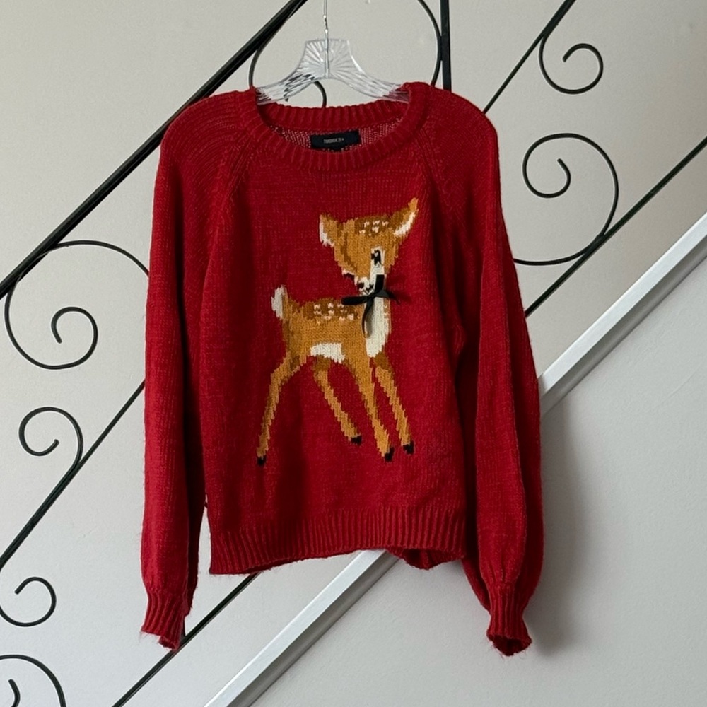 Forever 21 Red Fawn Intarsia Crew Neck Sweater